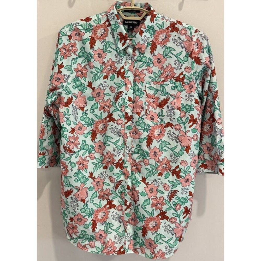 Lands End No Iron Supima Womens 3/4 Sleeve Button Front Shirt Bold Floral 18